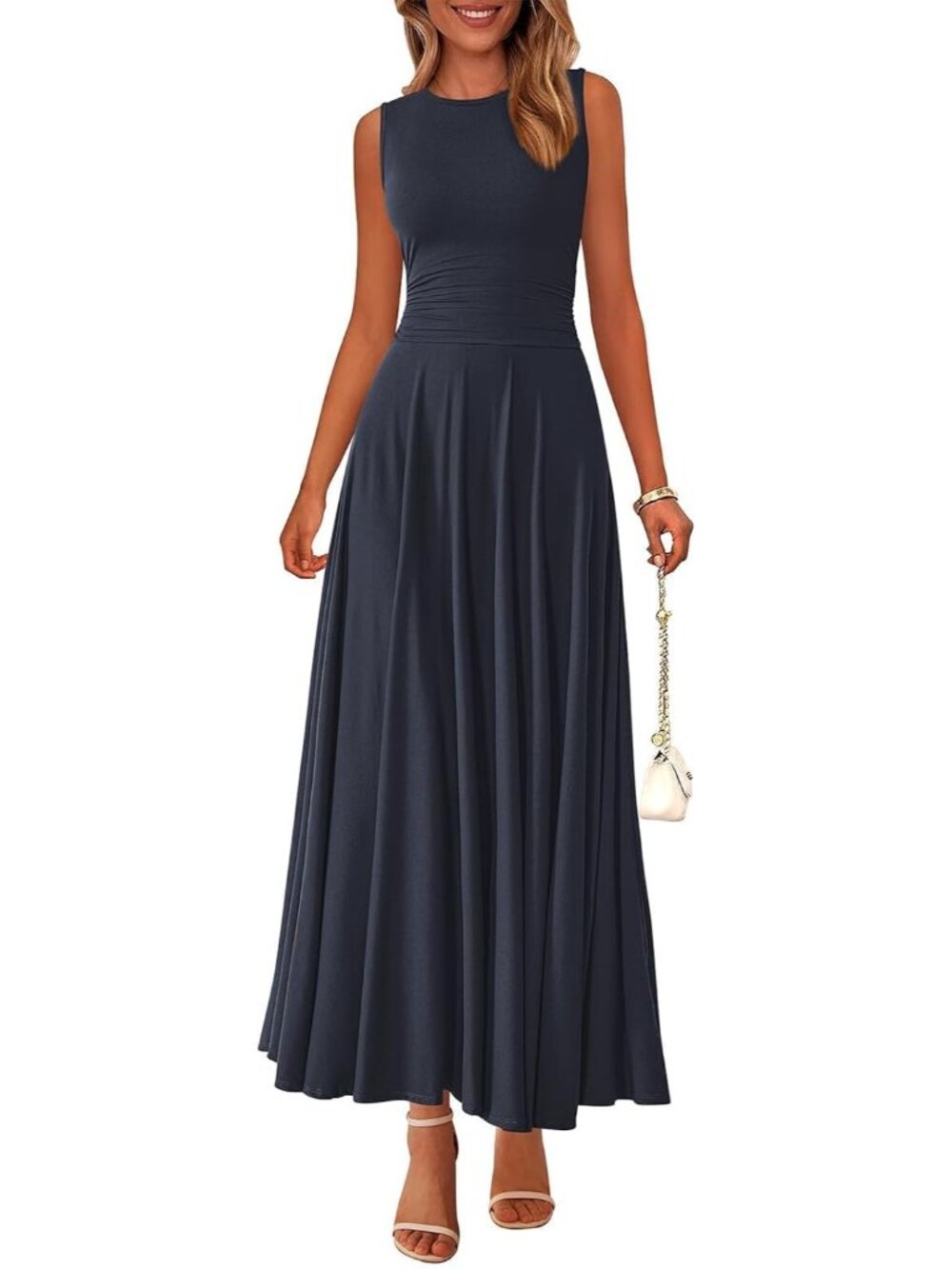 Women's Navy Crewneck High Waisted Casual Sleeveless 2026 Aline Maxi Dresses